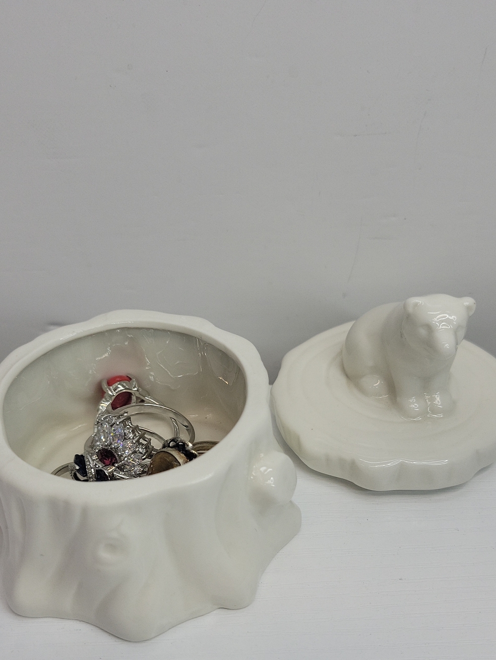 White Ceramic Bear Trinket Box with Sz9-10 Rings